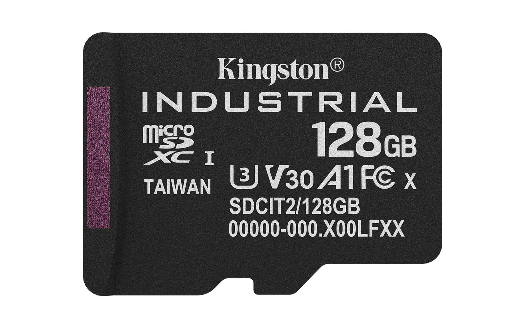 Black Kingston Technology 128GB MicroSDXC card with "INDUSTRIAL" and "C10 A1" labels, featuring a purple edge and compact design for high-performance storage.