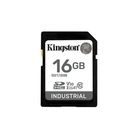 Black and white Kingston 16GB Industrial SDHC memory card featuring Class 10, A1, UHS-I, U3, V30, and 100MB/s read speed, with a prominent Kingston logo.