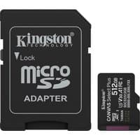 Black Kingston 512GB microSDXC card with white text, alongside black SD adapter with Kingston logo.