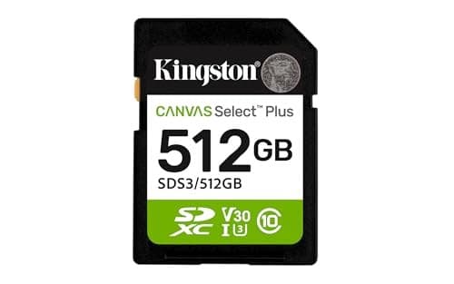 Black SDXC memory card with a green label, featuring "Kingston" logo, "512GB" capacity, Class 10, UHS-I U3, V30, and a read speed of 150MB/s.