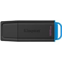 Black Kingston USB flash drive with blue loop, 128GB capacity, and USB 3.2 Gen 1 technology.