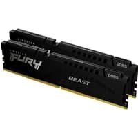 Black Kingston FURY Beast DDR5 memory kit, 64GB, 5200MT/s, CL40, with sleek heat spreaders and bold white branding.