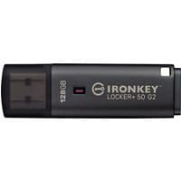 Black Kingston IronKey 128GB USB drive, silver text, red indicator light, and protective cap.