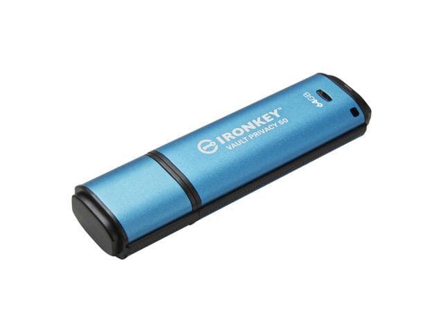 Blue metallic USB drive with "IronKey Vault Privacy 50" branding, featuring a sleek design, FIPS 197 compliance, AES-256 bit encryption, and multiple password options.