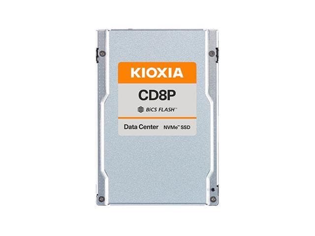 Kioxia CD8P-R 7.68 TB 2.5" NVMe SSD with a silver metal casing, featuring an orange label with "Kioxia" and "Data Center NVMe SSD" text.