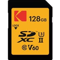 Kodak 128GB SDXC UHS-II Class 10 memory card, yellow label with red Kodak logo and black text.