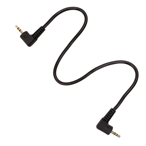 Black 2.5mm to 2.5mm LANC remote cable with right-angle connectors on both ends, featuring a flexible, durable design for easy connectivity.