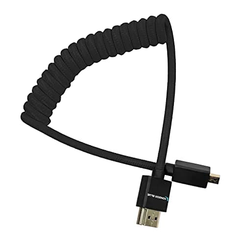 Black coiled HDMI cable measuring 0.61 meters, featuring a standard HDMI Type A connector, designed for durable and flexible use.