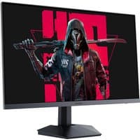 27" Koorui gaming monitor, slim bezel, black stand, displaying a vibrant graphic with a hooded character.