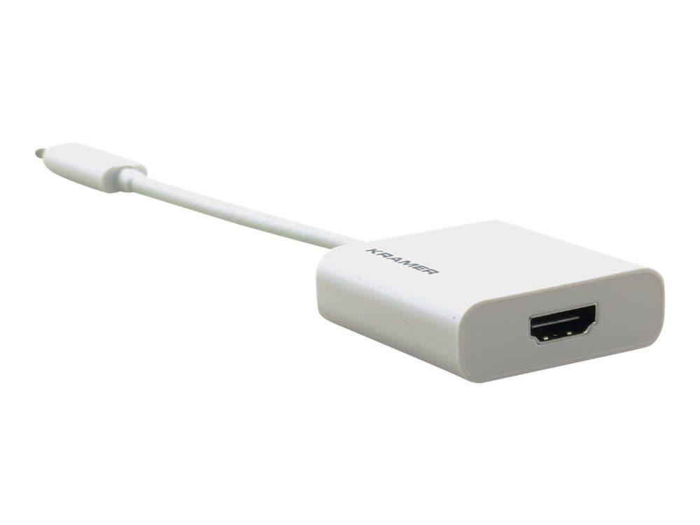 White USB Type-C to HDMI video cable adapter with a short cable, featuring a rectangular body and the Kramer Electronics logo on the side.