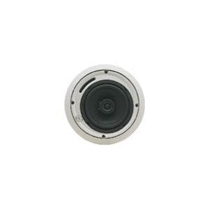Round, white 2-way speaker with a black cone and silver trim, designed for ceiling installation, featuring a 30 W power rating and a sleek, modern appearance.