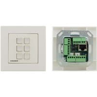 White Kramer Electronics I/O module with six buttons and exposed green circuit board with connectors.