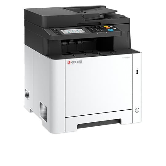 Kyocera ECOSYS MA2600cfx laser printer in black and white, featuring a control panel with buttons, a flatbed scanner on top, and a compact design suitable for A4 printing.