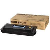 Black KYOCERA TK-710 toner cartridge with rectangular shape, blue handle, and beige packaging box in background.