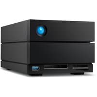 Black LaCie 2BIG DOCK disk array, 32 TB, with blue LED light, USB port, and card slots on the front.