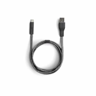 Black braided USB to USB-C cable, 1 meter long, featuring durable material and connectors, designed for reliable charging and data transfer.