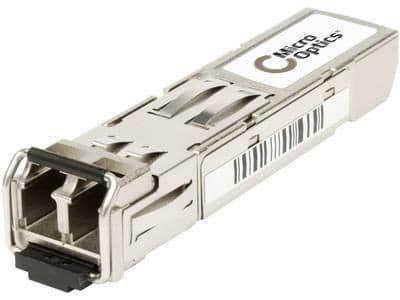 Silver metal SFP transceiver module with a label reading "Micro Optics," featuring a compact design and dual LC connectors for fiber optic connections.