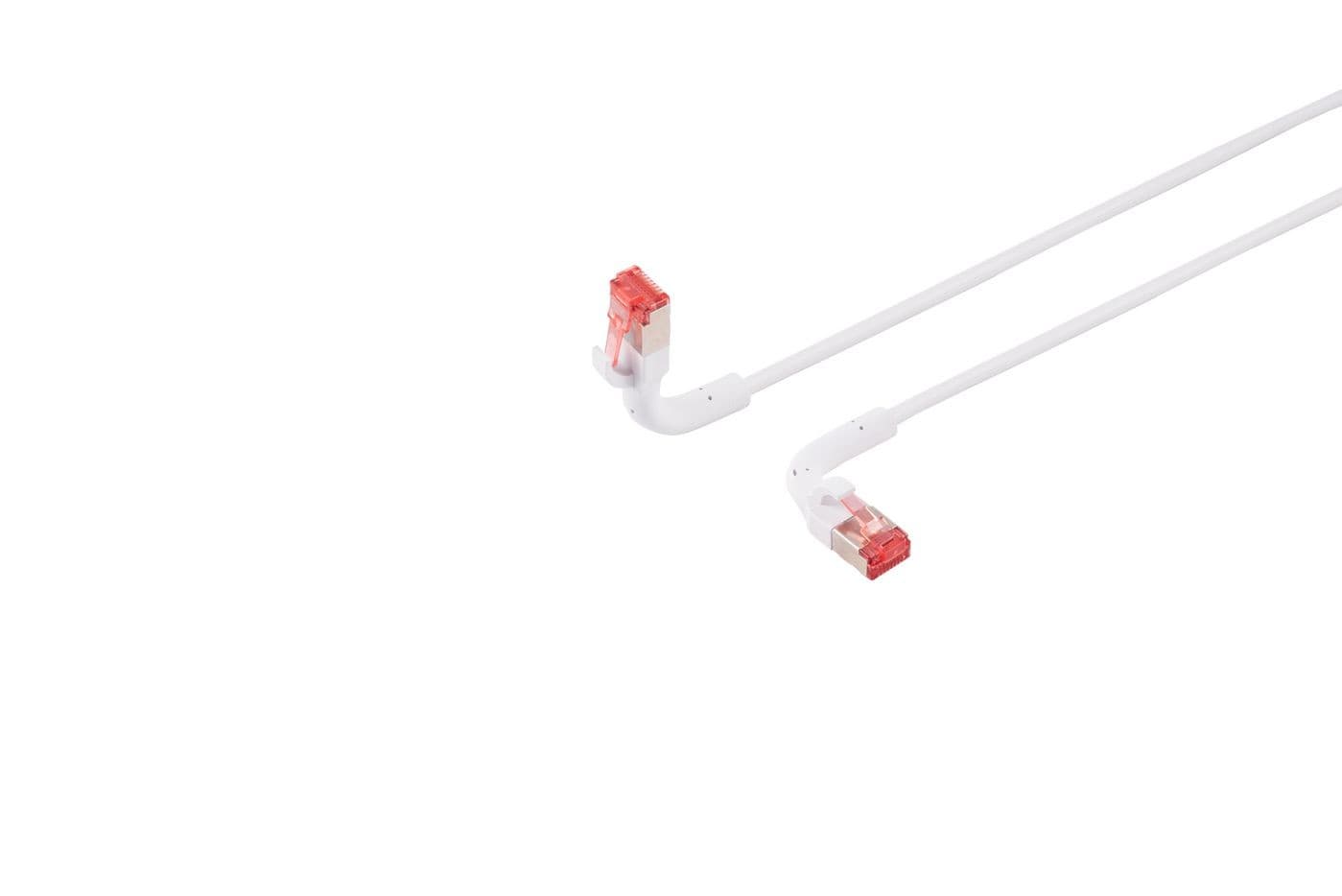 White networking cable with flexible, angled connectors at both ends, featuring transparent red clips for secure connections.
