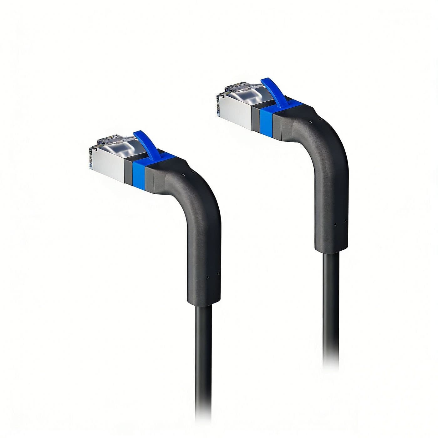 Black networking cable with flexible angled connectors, featuring blue accents on the connectors, designed for efficient data transmission.