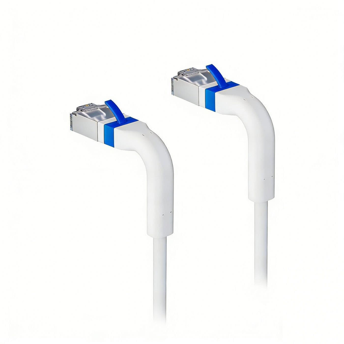 White networking cable with flexible, angled connectors featuring blue accents, designed for efficient data transmission and easy installation.