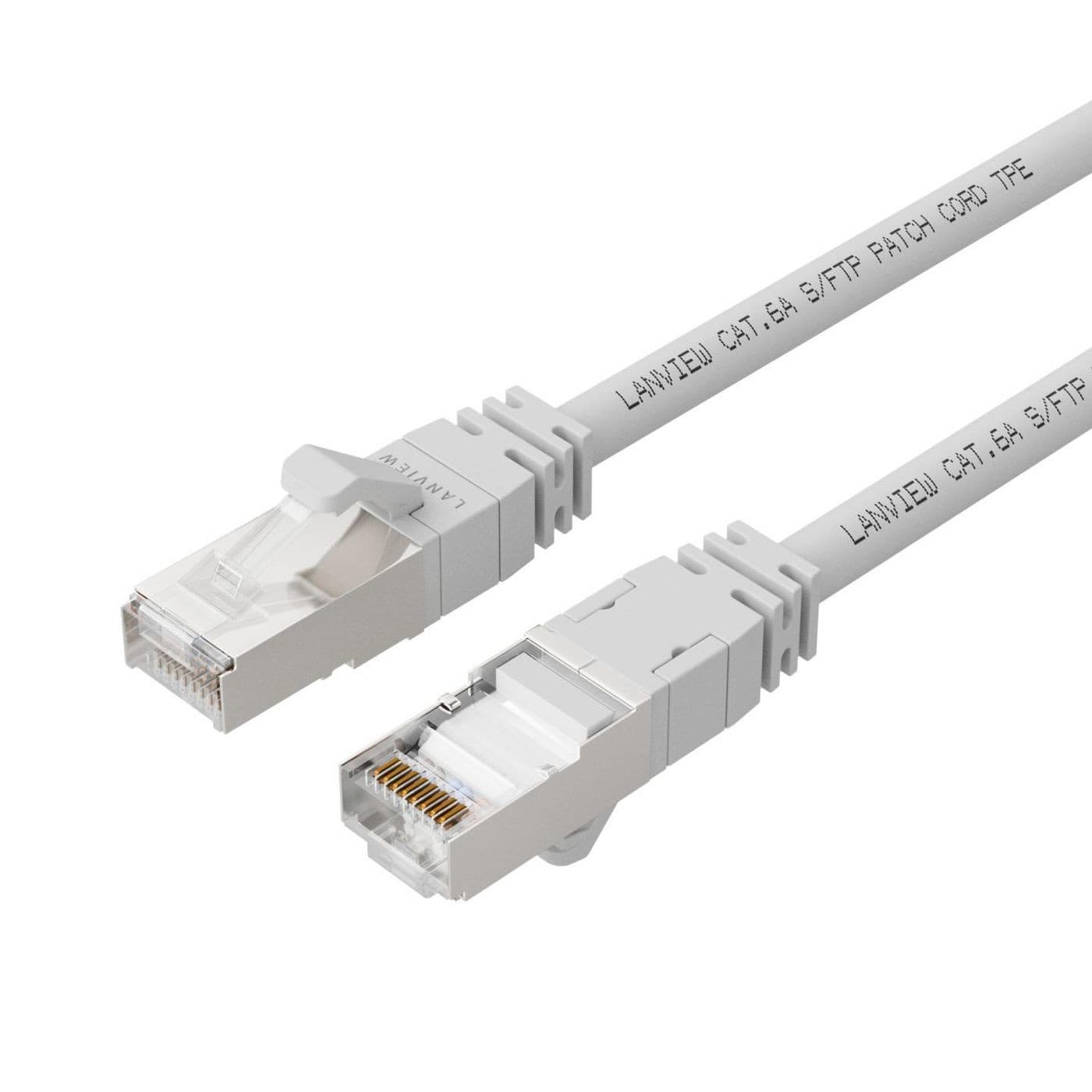 White 1.5m Lanview LV-SFTP6A015W networking cable with S/FTP (S-STP) connectors, featuring clear plastic ends and labeled with "LANVIEW CAT 6A S/FTP PATCH CORD F/UTP."