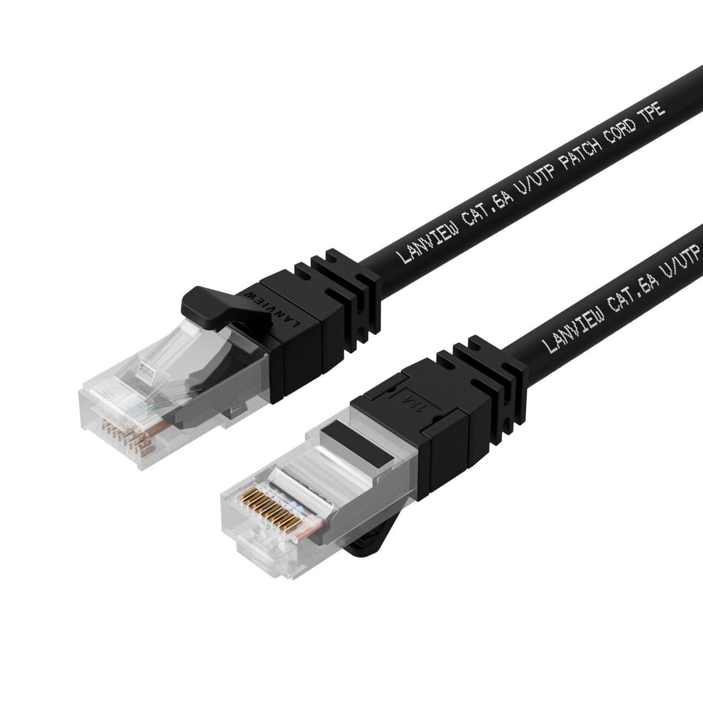 Black 1.5-meter Lanview LV-UTP6A015B S/FTP networking cable featuring clear connectors and labeled with "LANVIEW CAT 6A U/UTP PATCH CORD TPE."