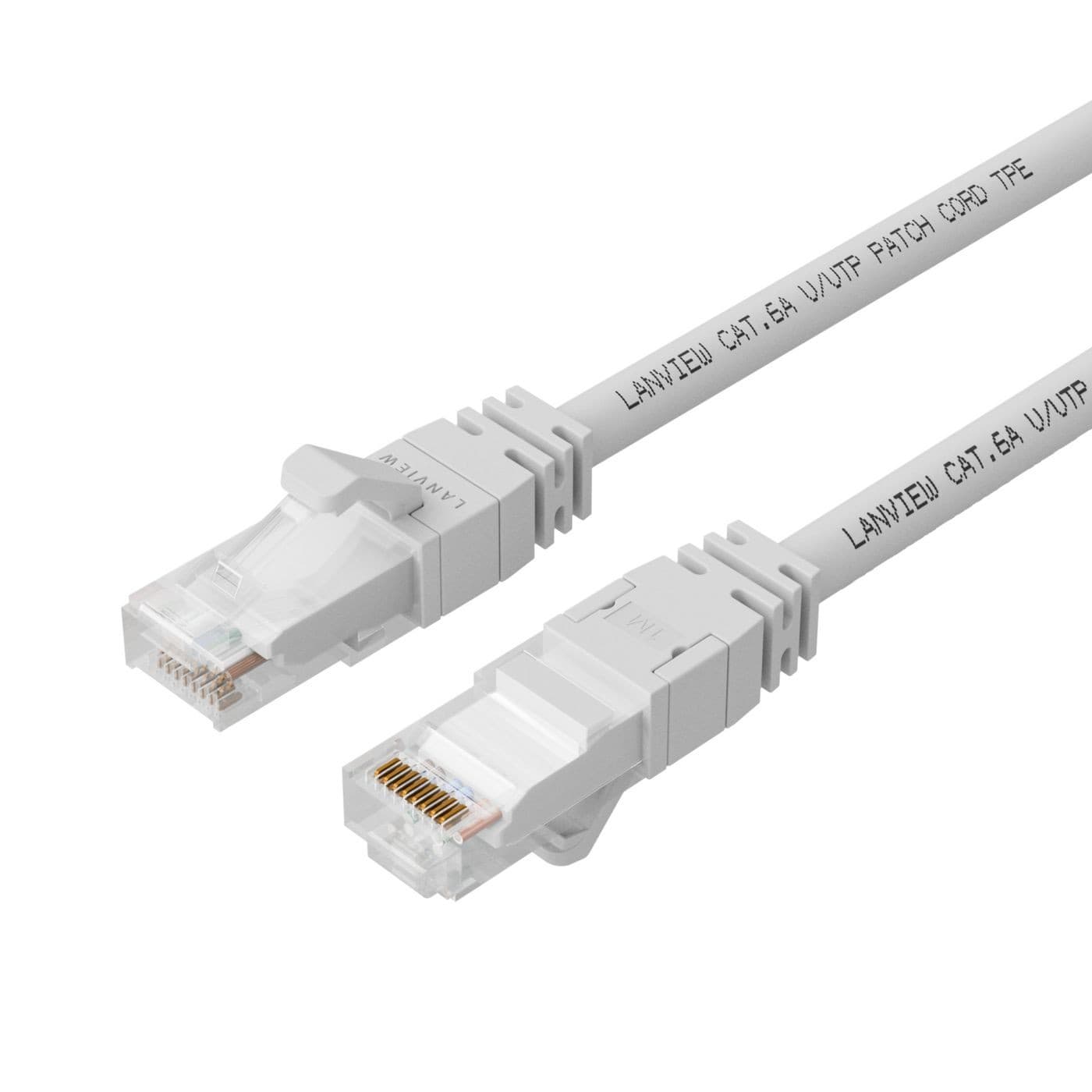 White 25-meter Lanview LV-UTP6A25W networking cable with S/FTP (S-STP) design, featuring clear connectors and labeled with "LANVIEW CAT.6A U/UTP PATCH CORD F/UTP."
