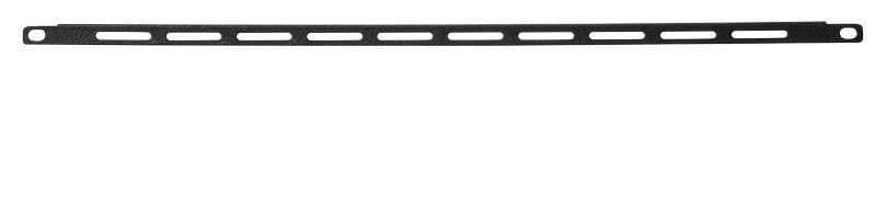 Black metal cable lacing bar with multiple elongated slots for securing cables, designed for rack mounting, featuring a sleek and sturdy construction.