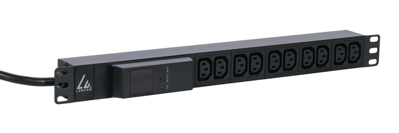 Black 1U power distribution unit with 10 AC outlets, featuring a power switch and indicator light, designed for rack mounting with metal housing and a cable on one end.