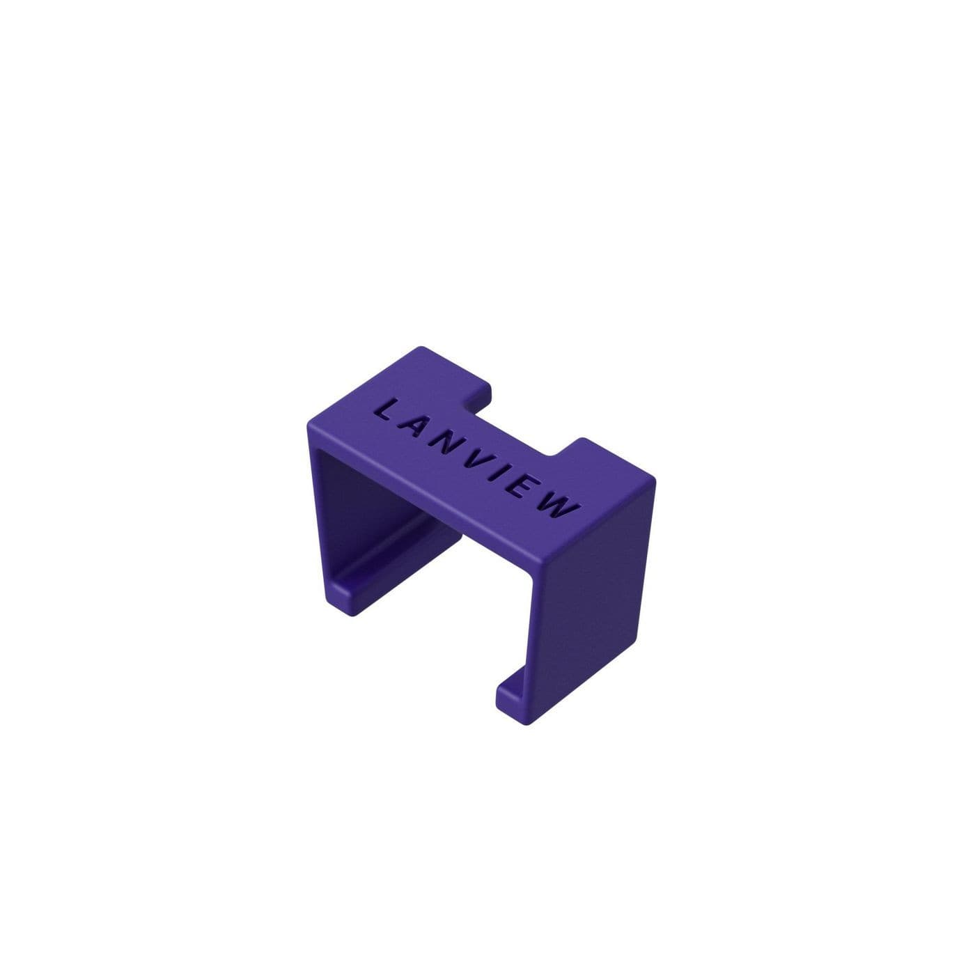 Purple plastic cable accessory clip with "LANVIEW" embossed on the front, designed for colour coding cables.
