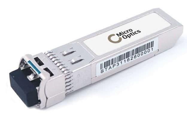 Silver metal network transceiver module with a black connector, featuring a label that reads "Micro Optics" and a barcode, designed for fiber optic connections at 10000 Mbit/s.