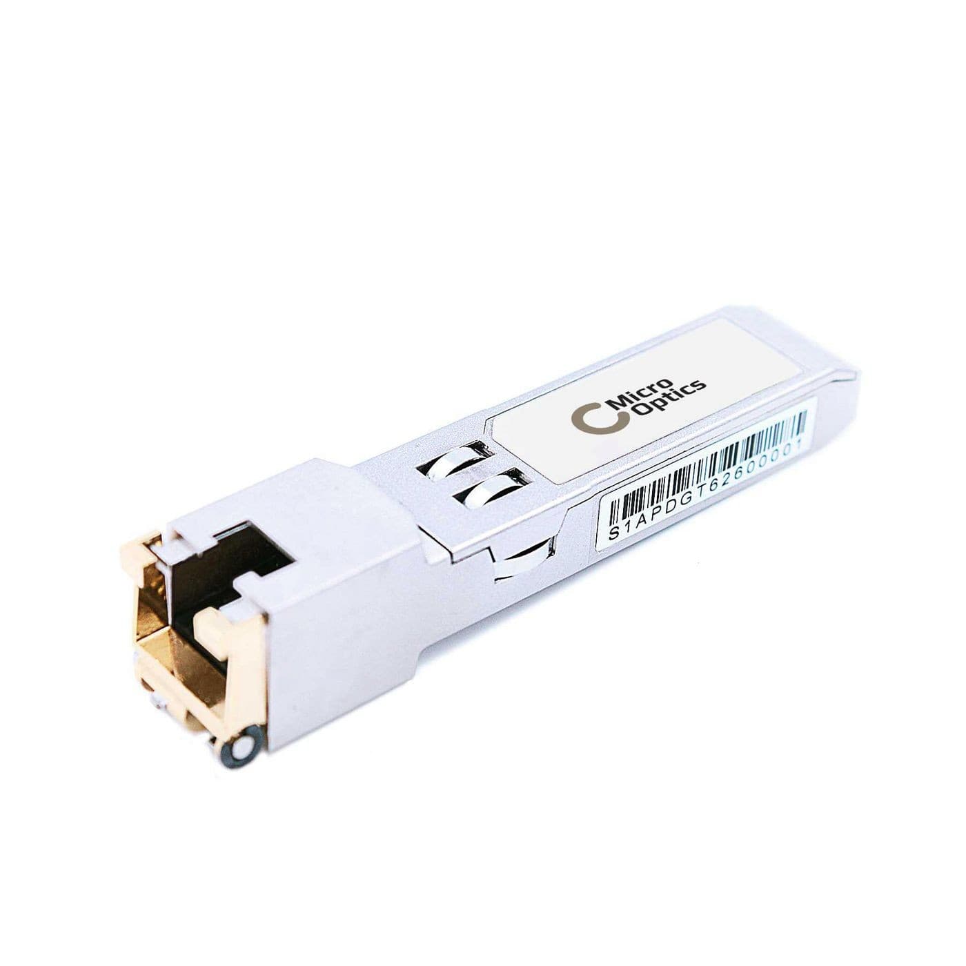 Silver metal network transceiver module with an RJ-45 connector, labeled "Micro Optics," featuring a barcode and designed for 1250 Mbit/s data transmission.