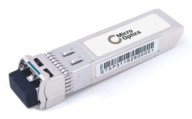 Lanview MO-S-31DLC20D Network Transceiver Module in silver metal casing with a black connector, featuring a white label with "Micro Optics" and a barcode.