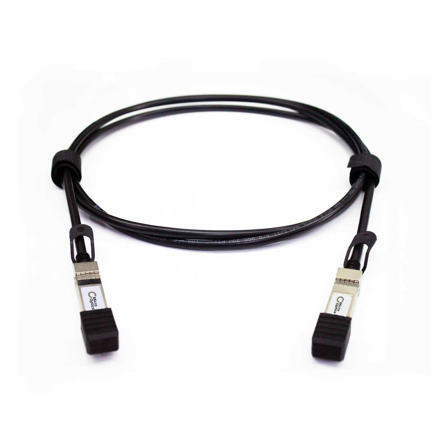 Black 5-meter InfiniBand/fibre optic cable with SFP+ connectors on both ends, featuring durable rubber strain relief and a sleek design for high-speed data transmission.