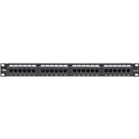 Black Lanview PCHPNEL 1U C5e patch panel with 24 ports and labeled slots in a rectangular metal frame.