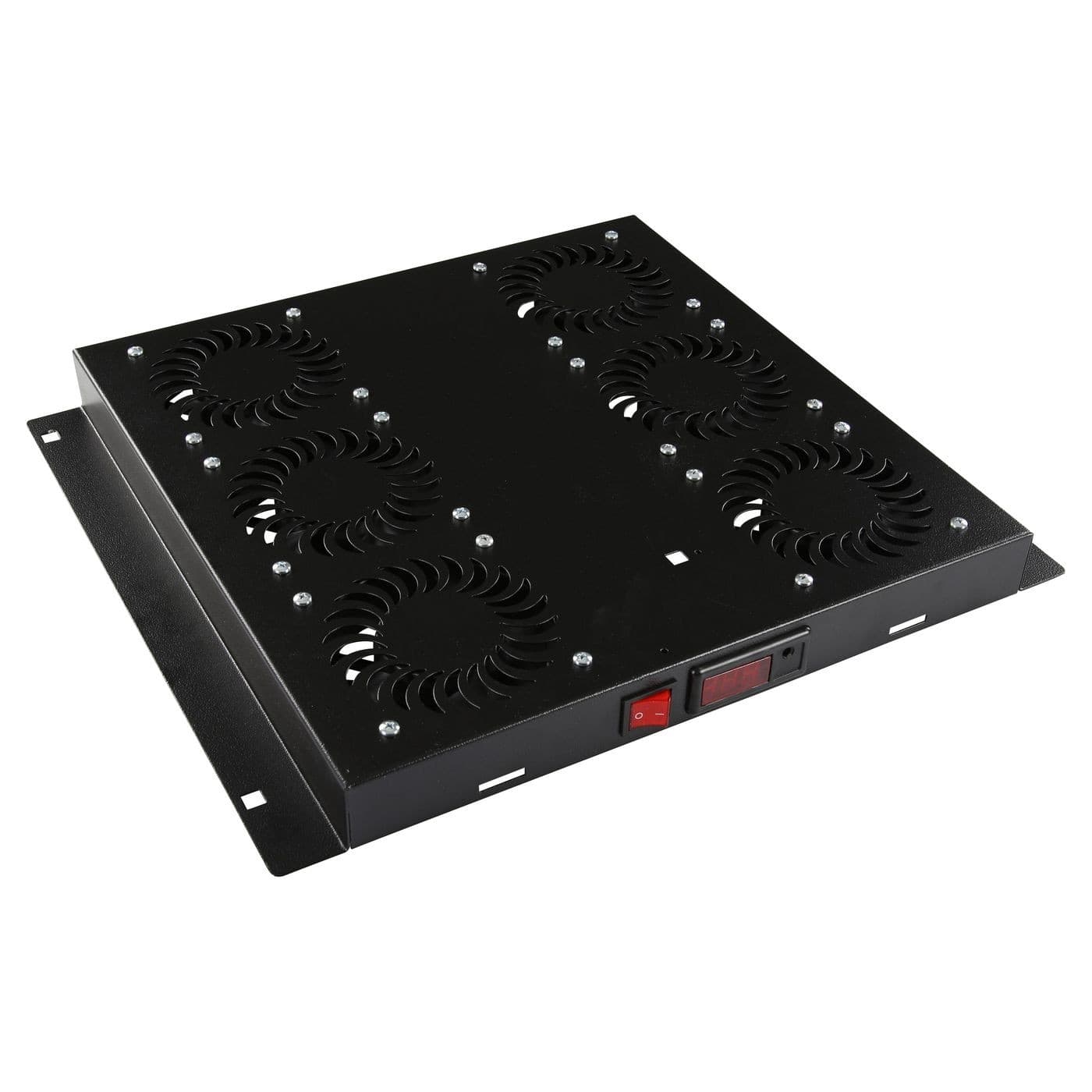 Black metal rack accessory with six cooling fans, power switch, and digital display, designed for efficient heat management in server racks.