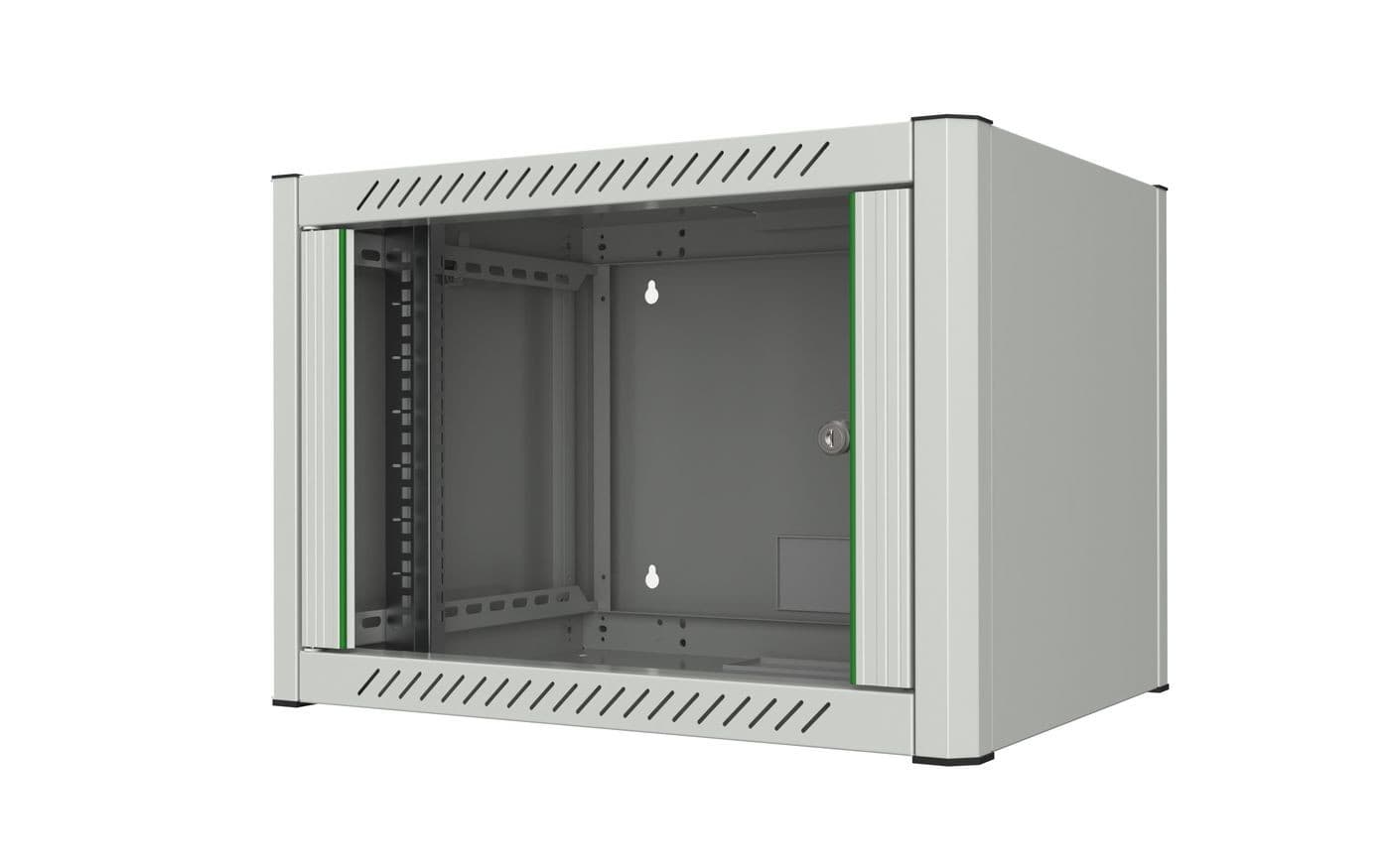 White 7U wall-mounted rack cabinet with a sturdy metal frame, transparent front door, ventilation slots, and mounting holes for secure installation.