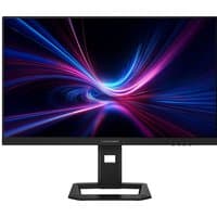 27" LC-Power monitor, slim black bezel, vibrant display with swirling blue and pink lights, sturdy rectangular stand.