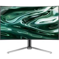 Curved LC-Power monitor, 31.5", 3840x2160 resolution, slim bezels, silver stand, displaying abstract green pattern.