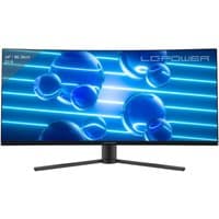Curved LC-Power 34" monitor with ultra-wide screen, slim bezels, and a sleek black stand displaying a blue graphic.