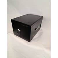 Black Leba NoteBox 10 with key lock, USB-C port, UK plug, and metal handles, designed for charging devices at 12 watts.