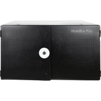 Black Leba NoteBox 16 with key lock, USB-C port, UK plug, perforated doors, and "NoteBox Flex" text on the front.