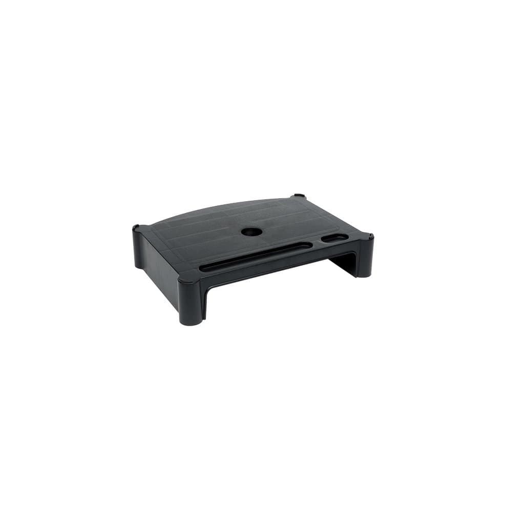 Black stackable monitor riser made of durable plastic, featuring a curved top, ventilation holes, and sturdy legs for stability, designed for TFT displays.