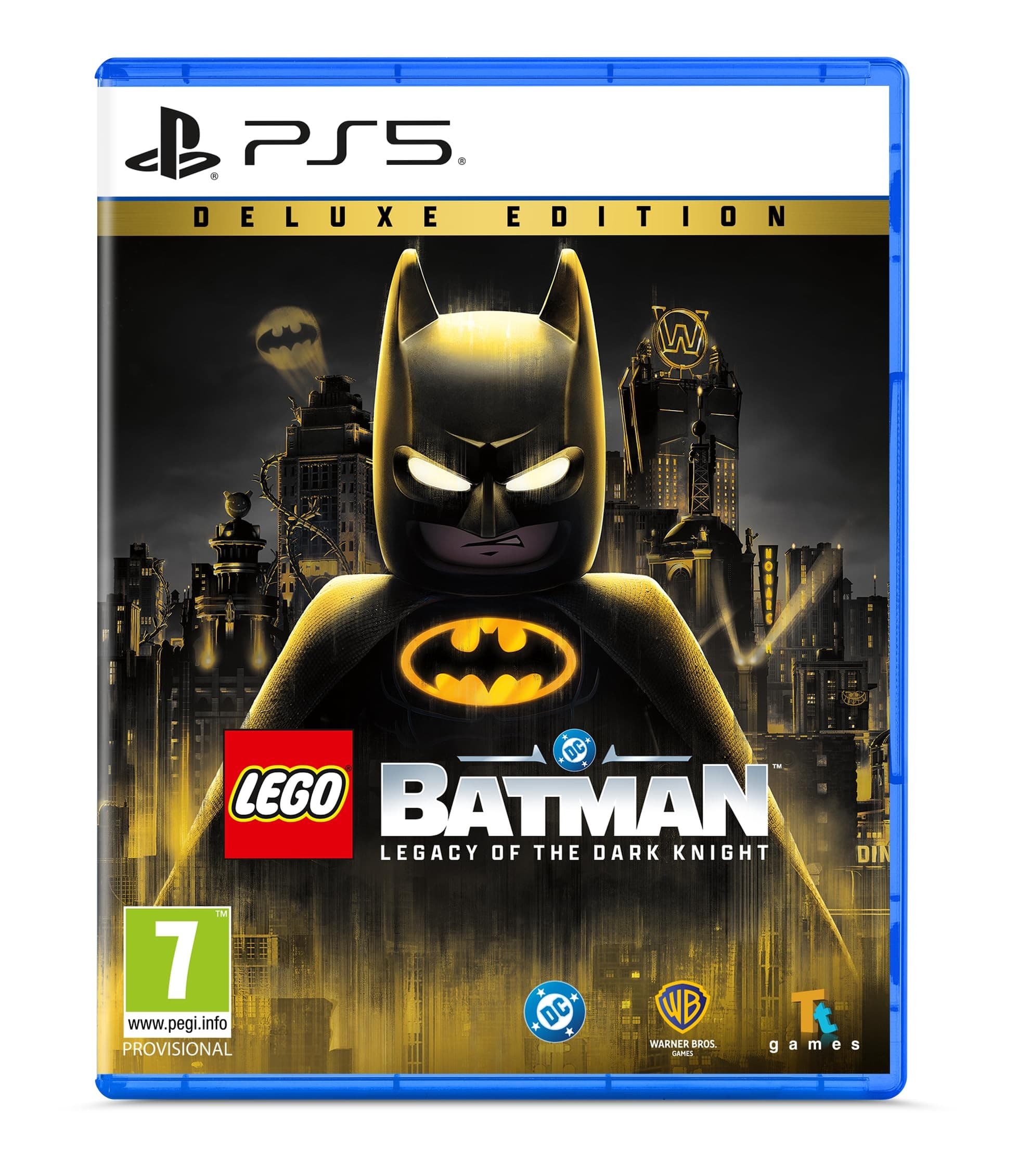 Lego Batman: Legacy of the Dark Knight Deluxe Edition for PS5 features a dark cover with Batman's iconic cowl, a city skyline, and the Lego logo prominently displayed.