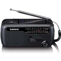 Black Lenco MCR-113BK portable radio with solar panel, telescopic antenna, tuning dial, and textured speaker grille.