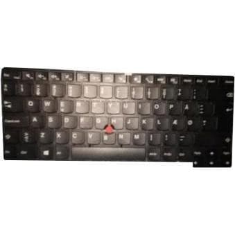 Black Lenovo laptop keyboard featuring a compact layout, with white lettering on keys and a distinctive red TrackPoint in the center.