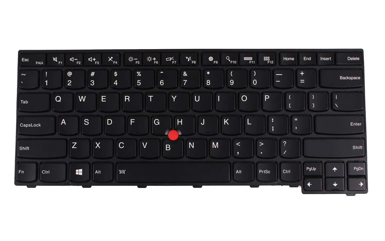 Black Lenovo laptop keyboard with a standard QWERTY layout, featuring a red TrackPoint in the center, function keys, and a compact design.
