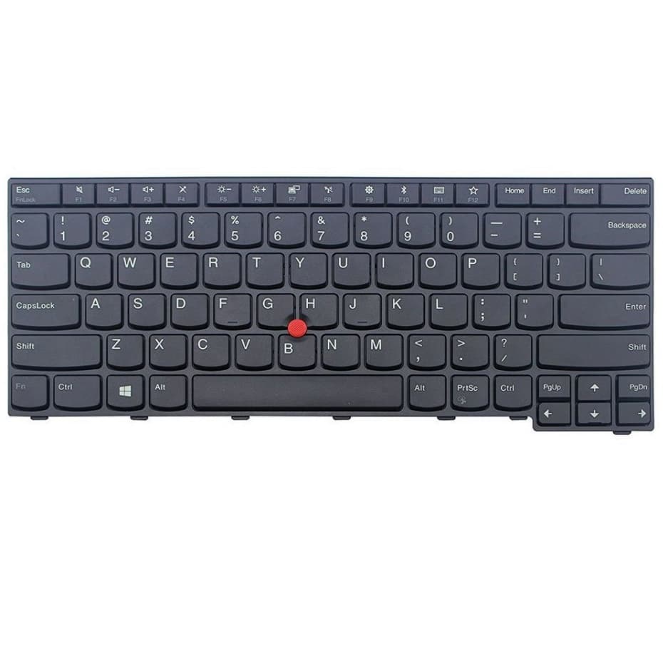 Black Lenovo laptop keyboard with a compact layout, featuring white lettering on keys, a red TrackPoint in the center, and dedicated function keys at the top.