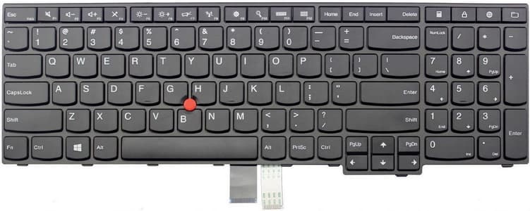 Black Lenovo 01AX621 laptop keyboard with a compact layout, featuring a red TrackPoint in the center, white lettering on keys, and a connector cable at the bottom.