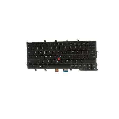 Black Lenovo laptop keyboard spare part featuring a standard layout with white lettering, function keys, and a red TrackPoint in the center.